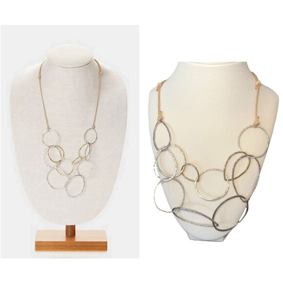 J. Jill Modern Rings Layered Hammered Necklace Silver Gold Tone Adjustable Cord - Picture 2 of 9
